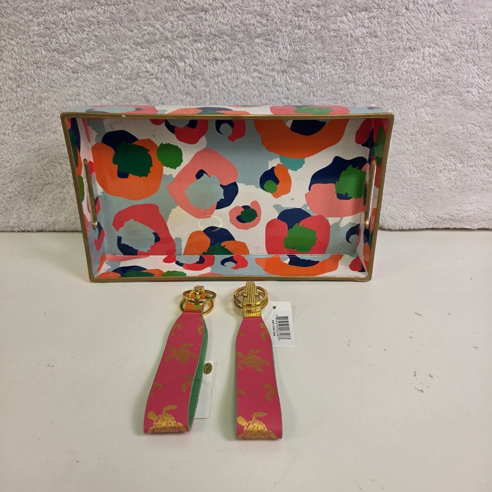 Top It Off Abstract Floral Tray & 2 Gold Turtle Pink Wristlet Keychains Set NWT